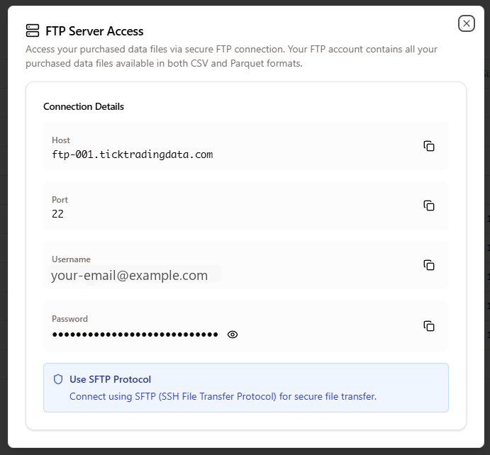 FTP Server access modal with host, port, username, and password fields